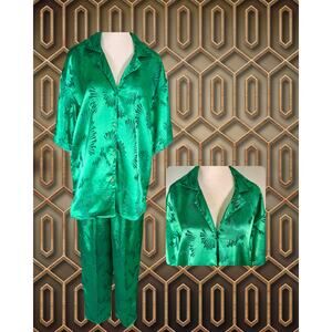 Vintage 80s 90s Body Drama Art Deco Jade Green Jacquard Loose Pants Pajama Set S